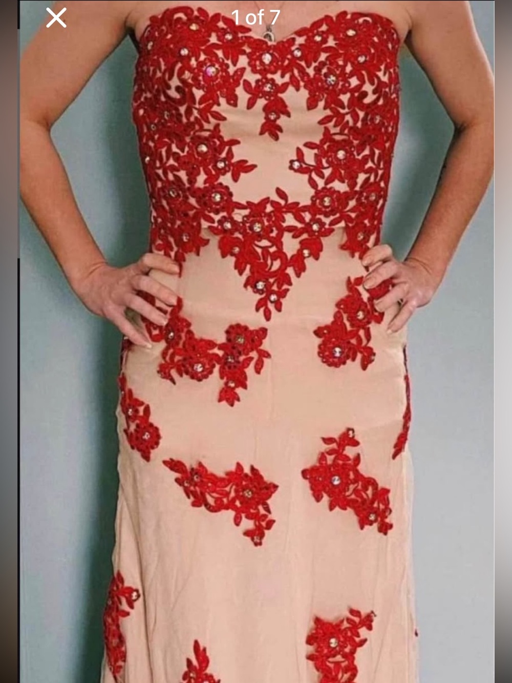 Dancing Queen Red Appliqué Prom Dress on Nude Base
